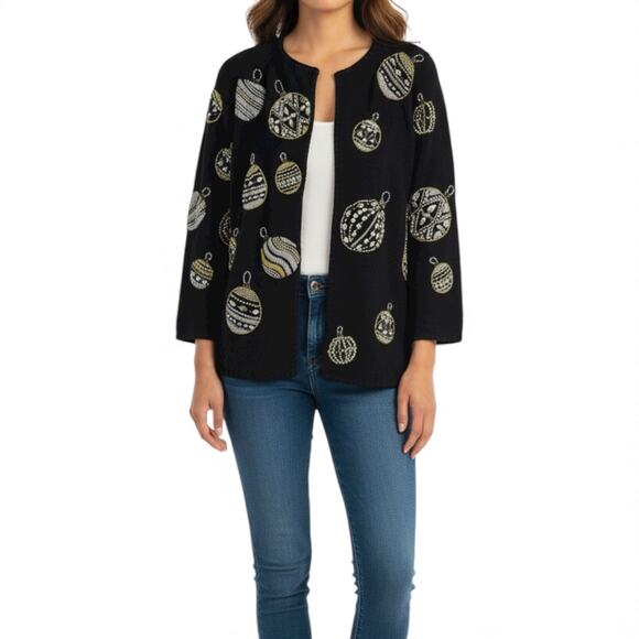 Michael Simon 1991 Christmas Ornaments Cardigan Black Ugly Sweater Size M - Picture 2 of 10